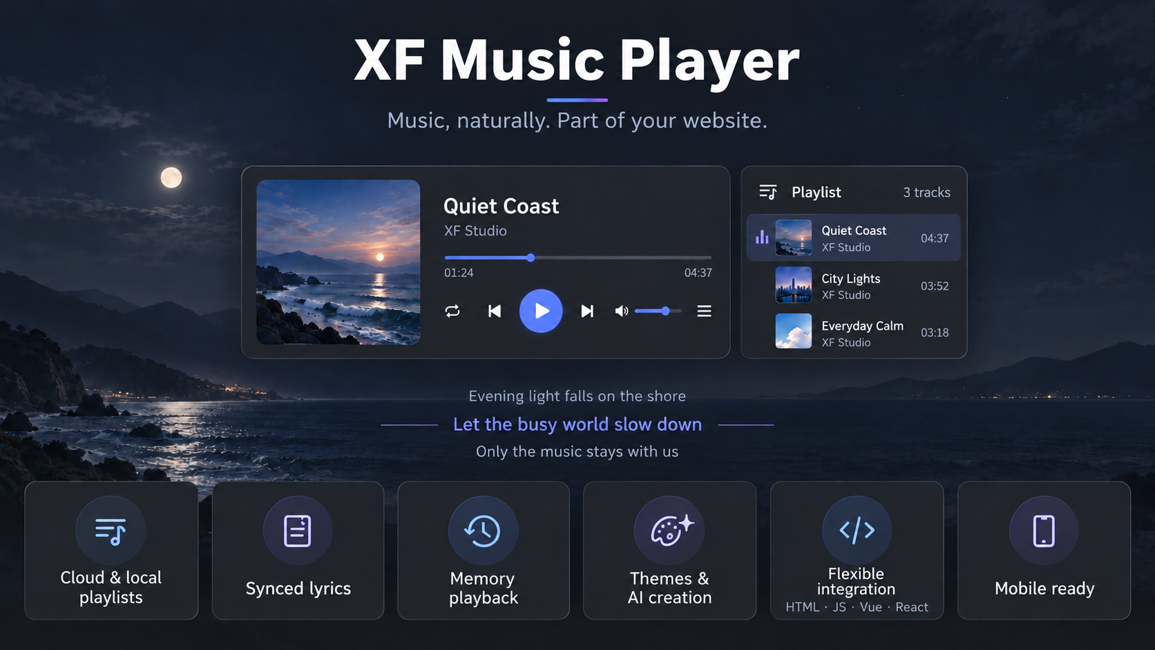 Player features: cloud and local playlists, synced lyrics, memory playback, themes and AI creation, flexible integration, and mobile support