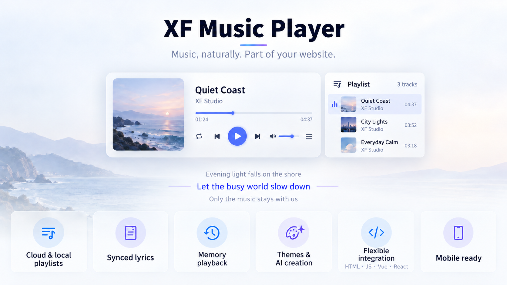 Player features: cloud and local playlists, synced lyrics, memory playback, themes and AI creation, flexible integration, and mobile support